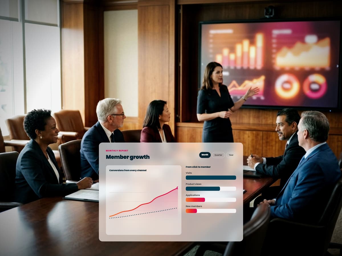 Credit union executives reviewing a monthly marketing report in the boardroom