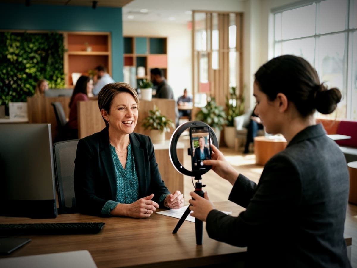 Credit union loan officer being filmed for a member video