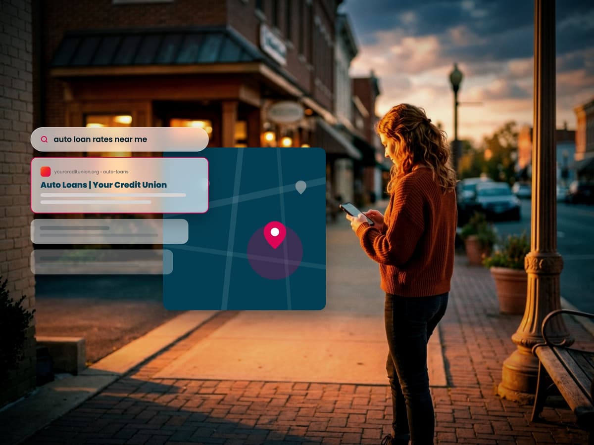 Woman on a main street searching for a nearby credit union on her phone