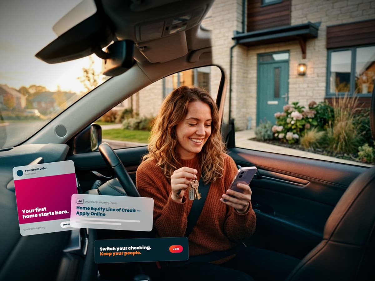 New homeowner in her car smiling at a credit union ad on her phone